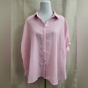 Day + Moon Women's Pink White Stripe Seersucker Dolman Oversize Shirt Size Med